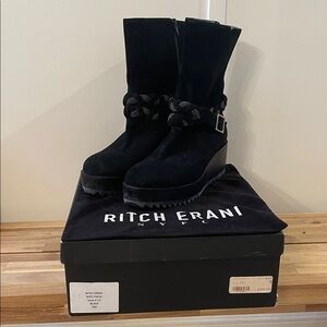 Ritch Erani NYFC Suede Black Wedge Boots with Braided Buckle Detail Size 9